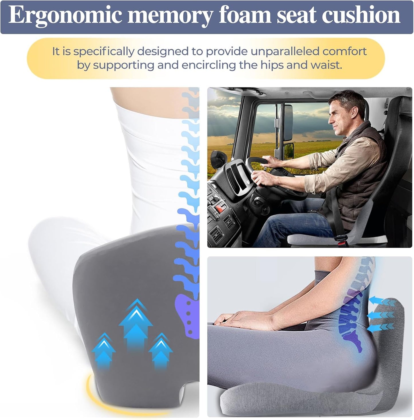 Car Seat Cushion, Memory Foam Driving Cushion with Adjustable Strap, Ergonomic Pad for Car & Semi Truck, Office Chair Cushion for Sciatica & Lower Back Pain Relief, Dark Gray