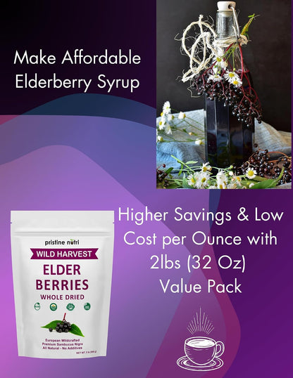 Elderberries Dried Bulk | Whole European Elderberry Dried, Wildcrafted All Natural | Non-GMO, Non-irradiated | Immunity Booster Antioxidants and Vitamins | Make Syrup, Tea| 2 lb (32 oz)
