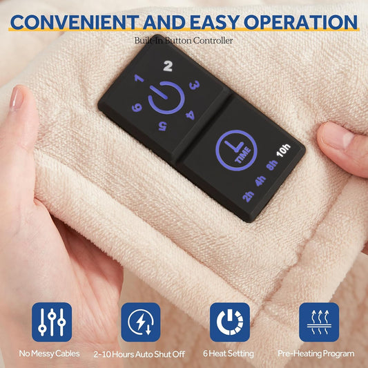 Sealy Heated Blanket Throw with Built-in Button Controller, Reversible Flannel to Sherpa Electric Blanket with 2-10 Hours Auto-Off & 4 Heating Levels, Over-Heat Protection, 50x60 inch, Beige