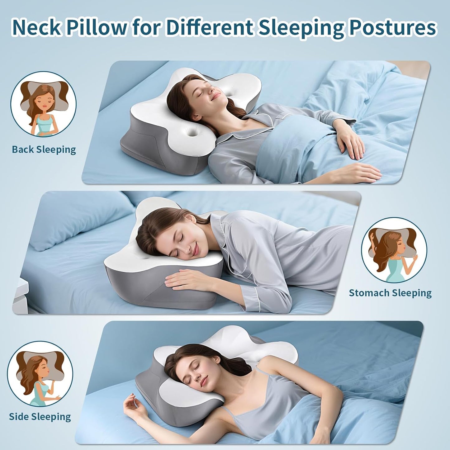 Cerrvical Neck Pillow- Ergonomic Memory Foam Pillows for Sleeping, Dual Ear Relief Zone Contour Pillow, Neck Support Pillows for Side Back &Stomach Sleeper (White)