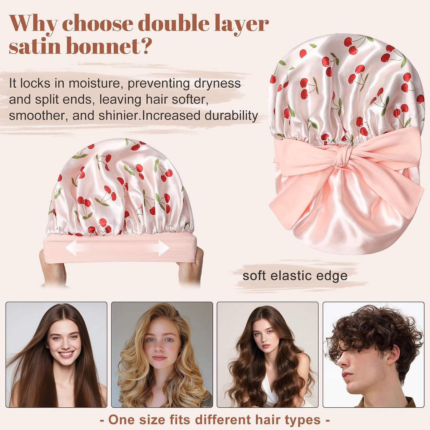 Satin Bonnet for Sleeping Cap Double Layer Hair Bonnet with Elastic Tie Band for Curly Hair Night Cap (Bean Paste + Pink)
