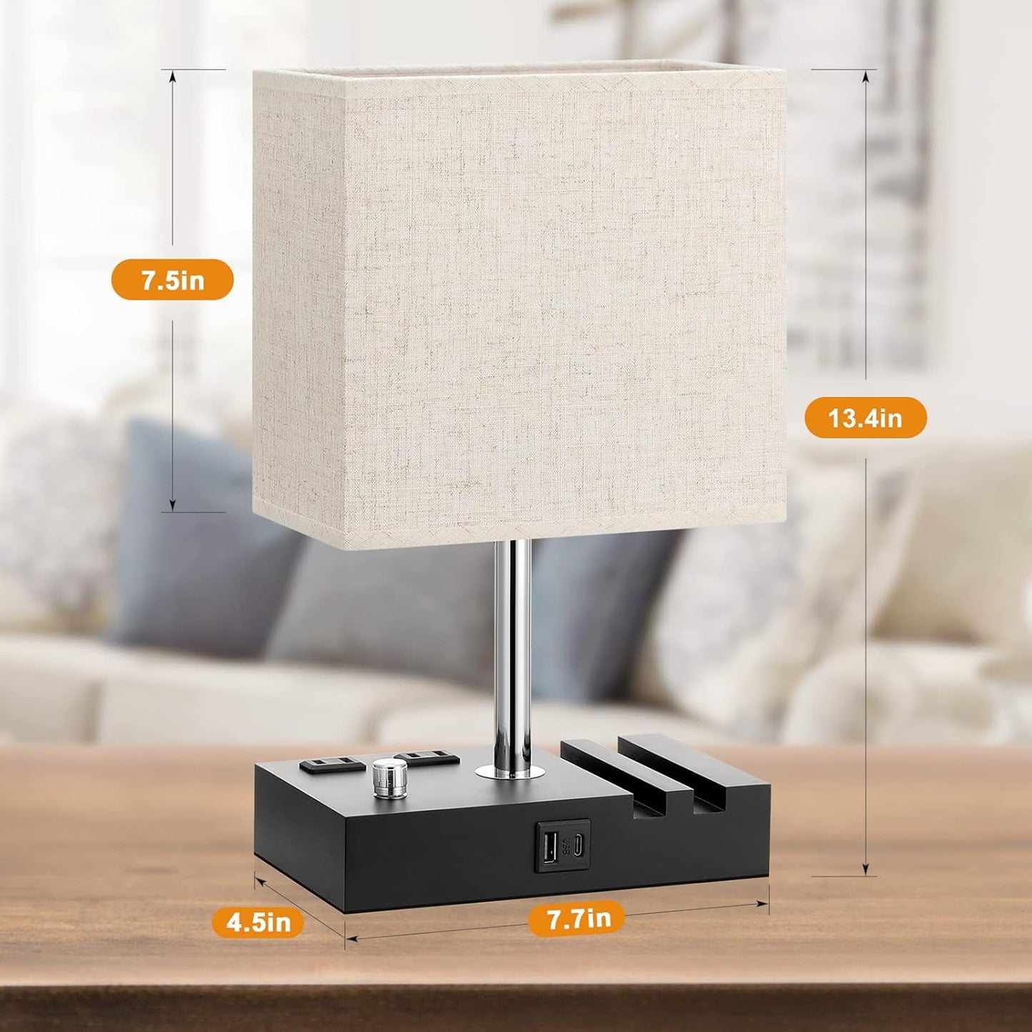 Kakanuo Fully Dimmable Nightstand Lamp for Bedroom with USB C Ports, Grey Small Bedside Table Lamp with Charging Outlets and Phone Stands, Wooden Desk Lamp for Living Room, LED Bulb Included