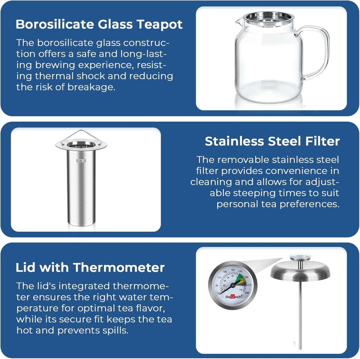 Aquach 51oz Glass Teapot with Infuser, Stovetop Safe Borosilicate Tea Pot | Dishwasher Safe, Plastic-free, Precise Loose Leaf Filter, Easy-clean Opening, Sharing Capacity