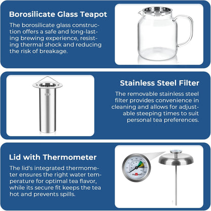 Aquach 51oz Glass Teapot with Infuser, Stovetop Safe Borosilicate Tea Pot | Dishwasher Safe, Plastic-free, Precise Loose Leaf Filter, Easy-clean Opening, Sharing Capacity