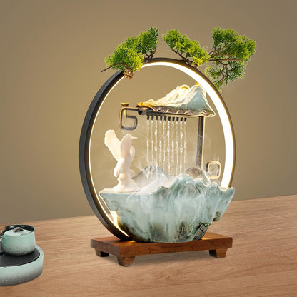 Mini Artificial Bonsai Tree Waterfall Fog Feature Rock Tabletop Fountain | 11in Desktop Decor Waterfall Fountain W/ Water Pump& Atomizer&LED Lights &Fake Tree Office Bedroom Relax