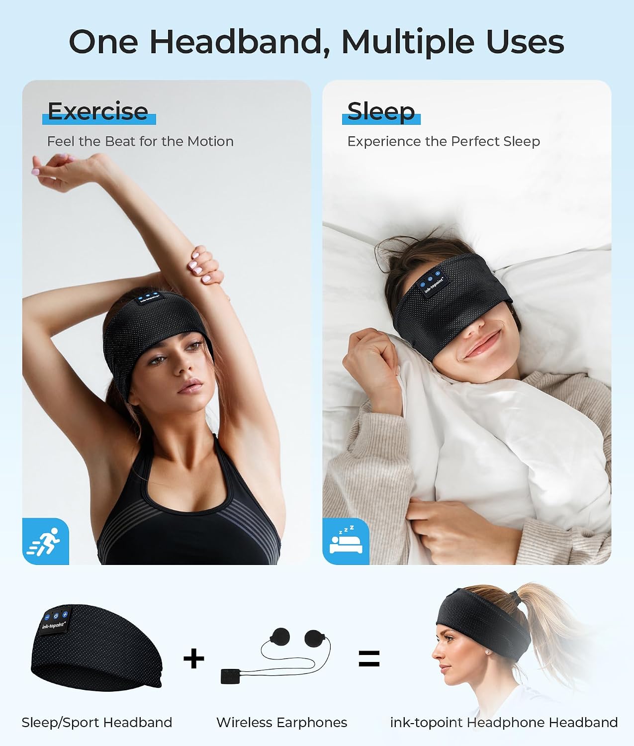 ink-topoint Sleep Headphones Bluetooth 5.4 Headband, 2 in 1 Sleep Mask with Bluetooth Headphones, Wireless Headband Earphones with Ultra-Thin HD Stereo Speaker, Music Headband for Workout Running Yoga
