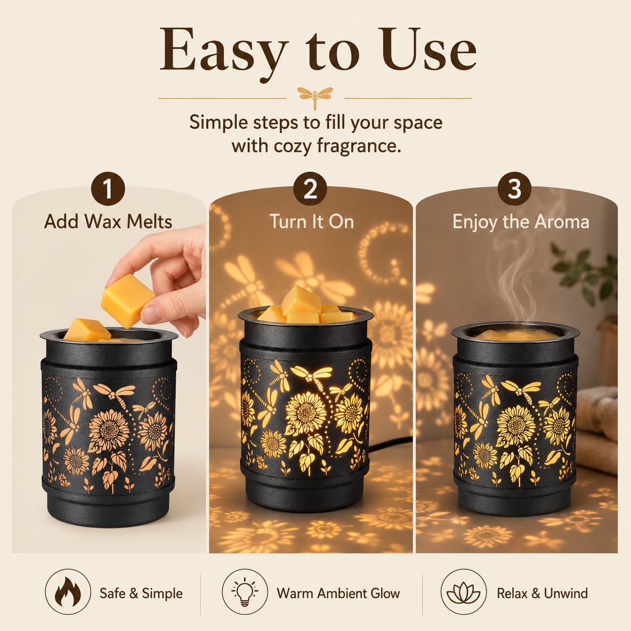 kobodon Wax Melt Warmer Metal Wax Warmer for Scented Wax Electric Fragrance Candle Oil Burner 2 in 1 Wax Melts as Gifts for Moms Grandma Women Girls(Sunflower)