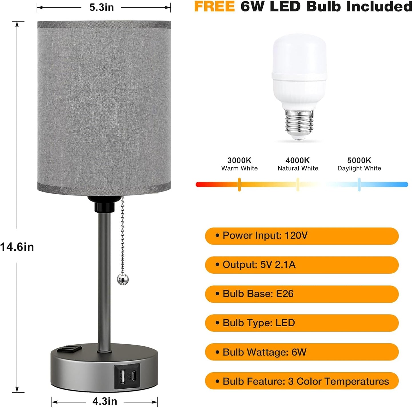 Small Bedside Table lamp for Bedroom - 3 Color Temperatures Bedside Lamps with USB C and A Ports, Pull Chain Table Lamps with AC Outlet, White Nightstand Lamps with Black Metal Base for Kids Reading