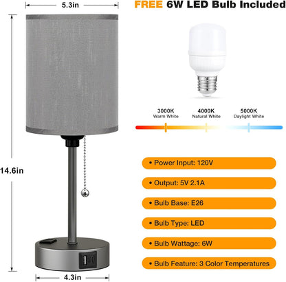 Small Bedside Table lamp for Bedroom - 3 Color Temperatures Bedside Lamps with USB C and A Ports, Pull Chain Table Lamps with AC Outlet, White Nightstand Lamps with Black Metal Base for Kids Reading