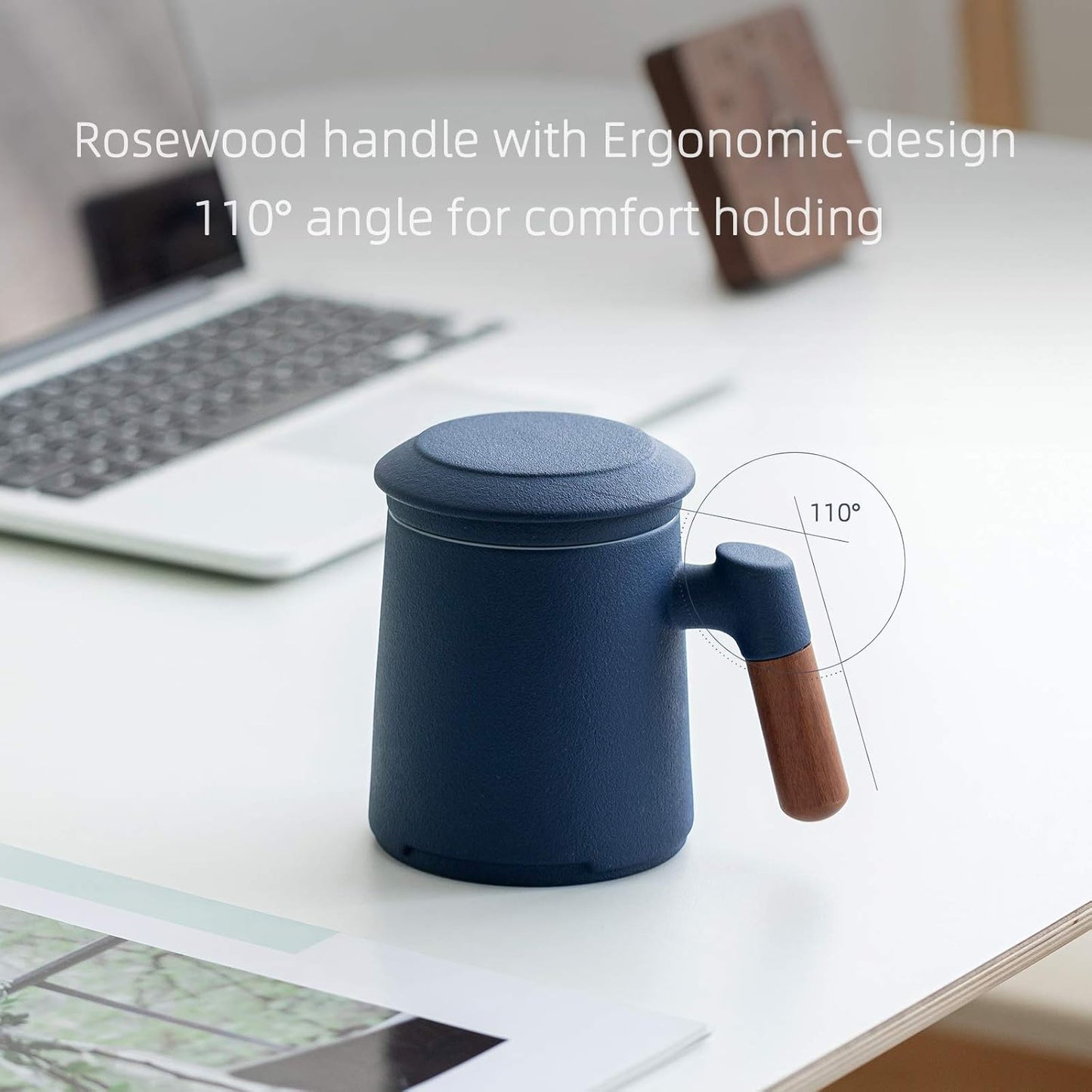 ZENS Embossed Ceramic Tea Mug with Infuser and Lid, 14.5 oz Wooden Handle, Loose Leaf Tea Steeper Cup & Strainer for Tea Lovers Gifts