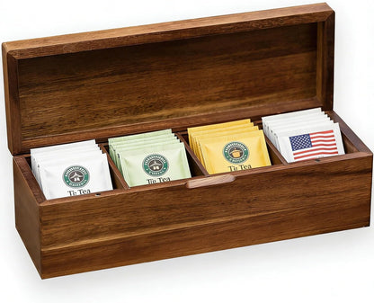 Acacia Wood Tea Bag Organizer with Compartments, Tea packet Storage Boxes & Display Caddy, Multi-Slot Teabag Holder Container Chest for Countertop, Organizador de Té