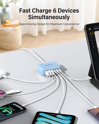 USB Fast Charger Block 50% Smaller 100W Max 6-Port GaN USB Charging Station