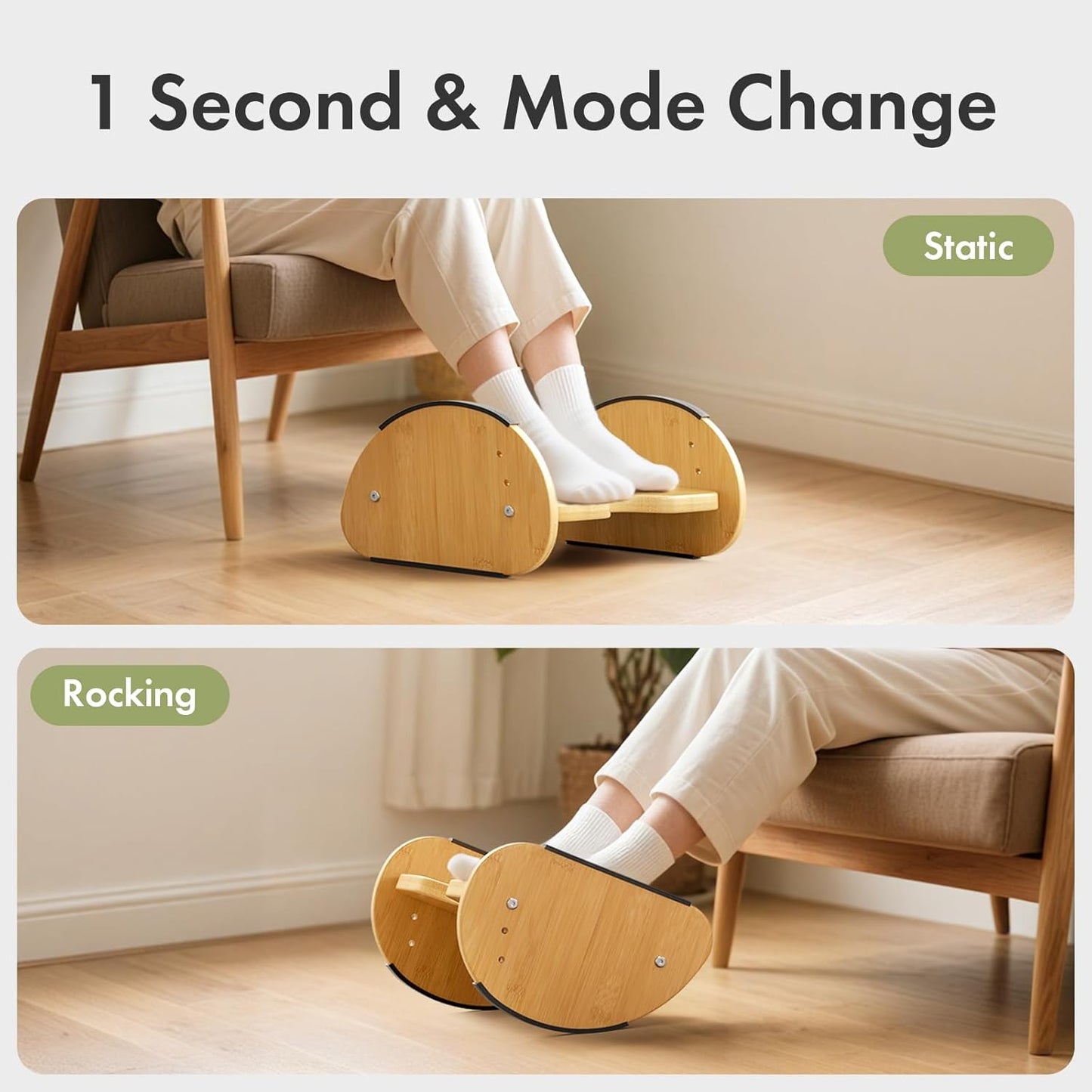 Amazer Bamboo Under Desk Footrest with Cushion 3-in-1, Reversible Ergonomic Wood Rocking Foot Rest for Under Desk at Work, Adjustable Foot Stools with Washable Cover, Desk Leg Rest for Home Office