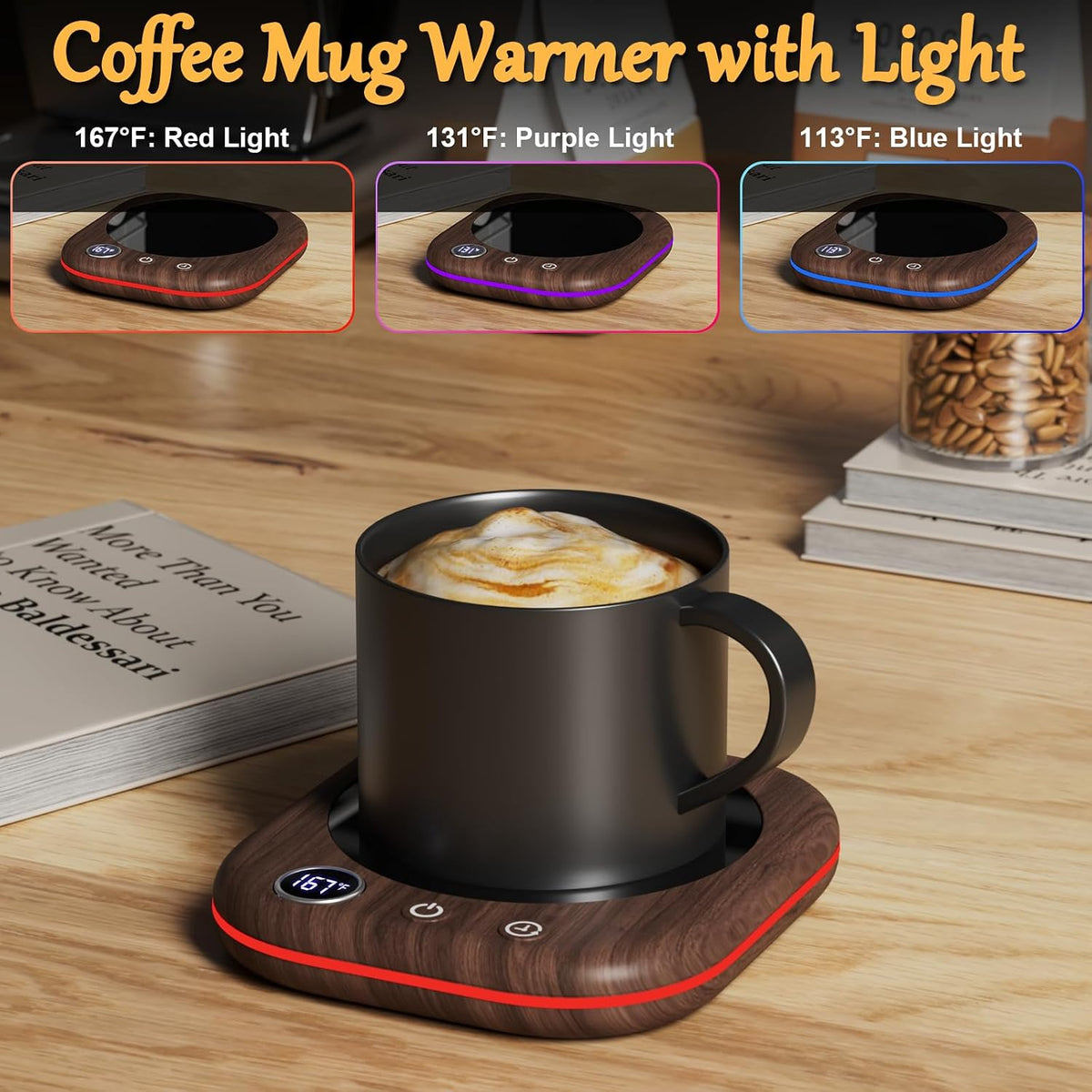Mug Warmer Upgraded,Coffee Mug Warmer for Desk LEDs Light 3 Temp Settings (113-167°F) 1-12H Timer 4 H Auto Shut Off Beverage Cup Candle Warmer for Coffee Tea Milk(Black)