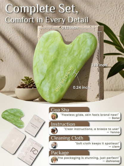 Rena Chris Gua Sha Facial Tools: Jade Stone Guasha Tool for Face Acupuncture Therapy, Facial Massager for Jawline Sculpting and Puffiness Reducing (Green)