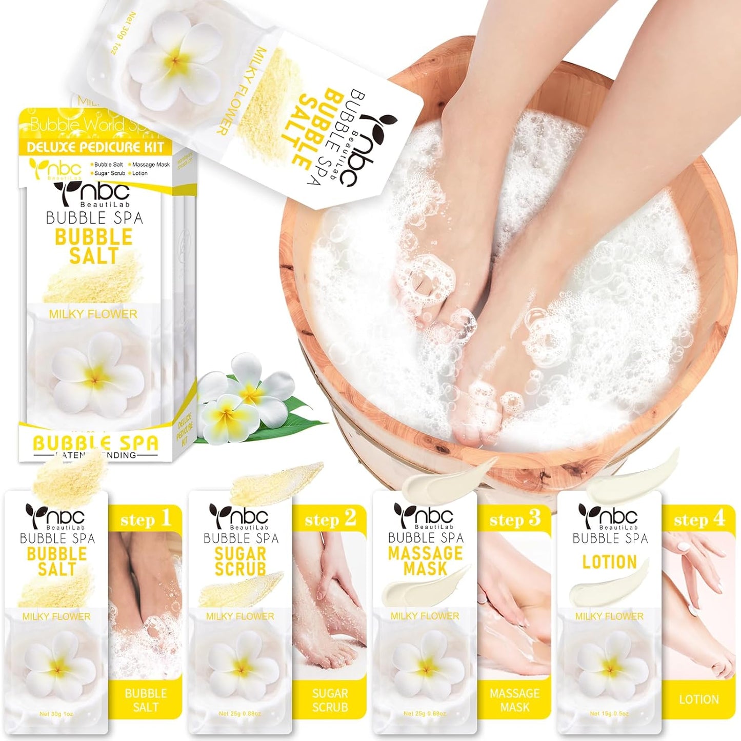 Pedicure Kit Foot Soak Set: Bubble Salt, Sugar Scrub, Massage Mask, Massage Lotion in a Box, 4 Step Foot Spa Kit for Dry Feet, Softens Calluses, Tired Feet（3 Set Lavender) - Colors B