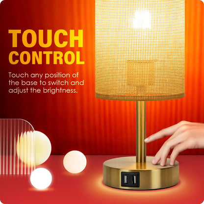 Yarra-Decor Bedside Table Lamp with USB Ports - Touch Control for Bedroom 3 Way Dimmable Nightstand Lamp with Round Fabric Shade for Living Room, Dorm, Home Office, Corded Electric, Without Battery