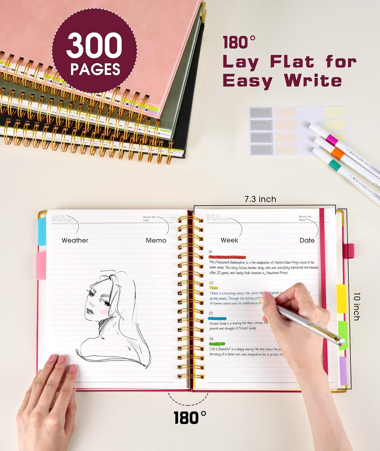 Hardcover Spiral Notebook journal with Removable Dividers Tabs, 300 Pages Leather 5 Subject Notebook College Ruled, 8"x10" Large B5 Notebooks for Work School Note taking, Lined Journal for Women,Black