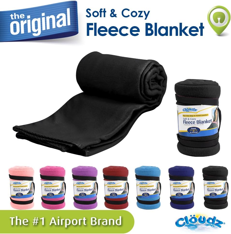 Cloudz Cozy Fleece Airplane Travel Blanket for Your Flight, Car, Camping, Home or Comforting Warmth Anywhere! - Black
