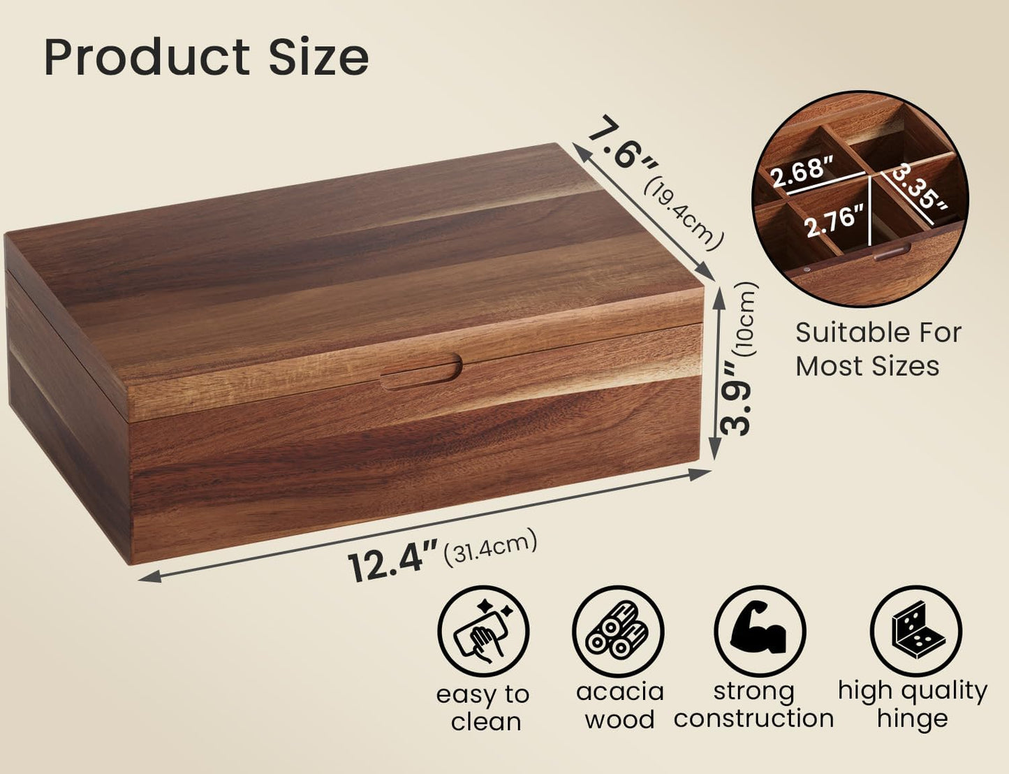 Acacia Wood Tea Bag Organizers, Tea and Sugar Packet Storage Chest with Lid, Wooden Teabag Holder Containers,Storage Box Teabox with 6 Compartments