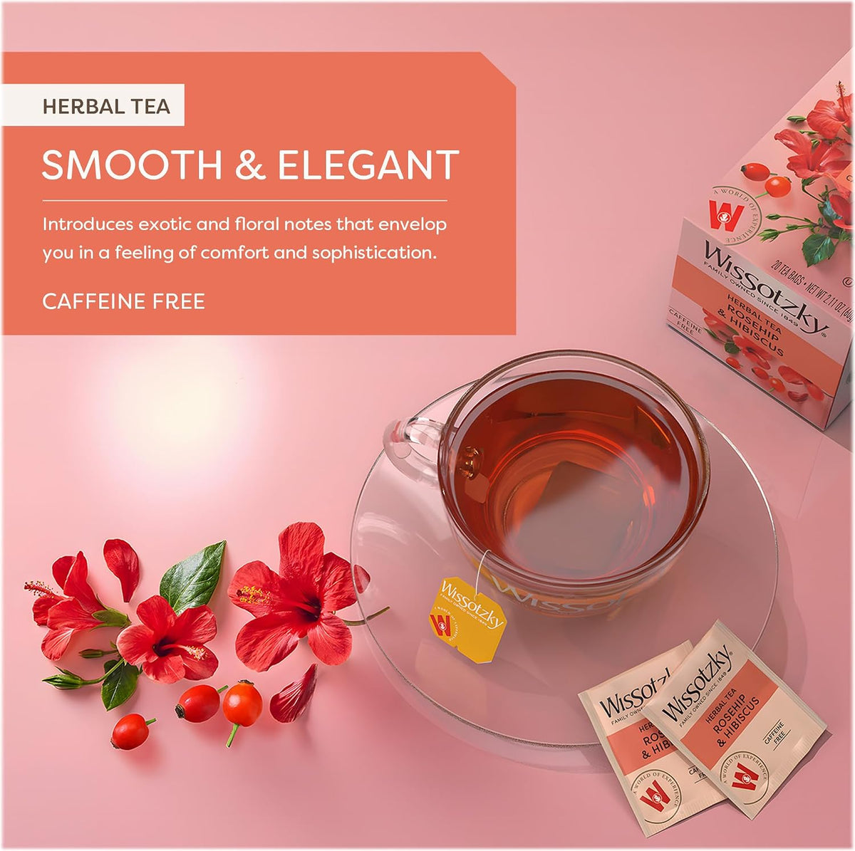 Wissotzky Rosehip & Hibiscus Herbal Tea, 20 Tea Bags | Exotic Blend | Caffeine Free Tea | Immune Boost