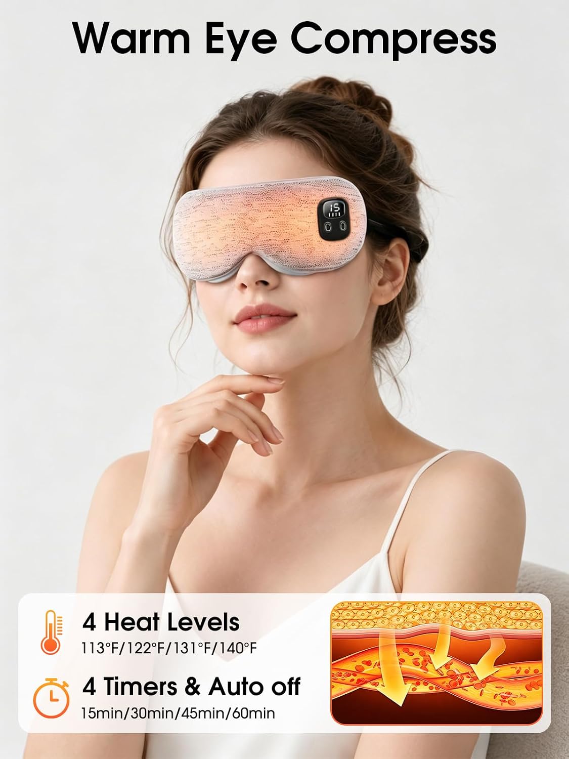 EASICUTI Heated Eye Mask, Cordless Warm Eye Compress for Dry Eyes Blepharitis Stye Treatment Eye Relief Improve Sleep, 4-Level Temperature & Timer, Washable Eye Heating Pad for Sleeping, Travel, Grey