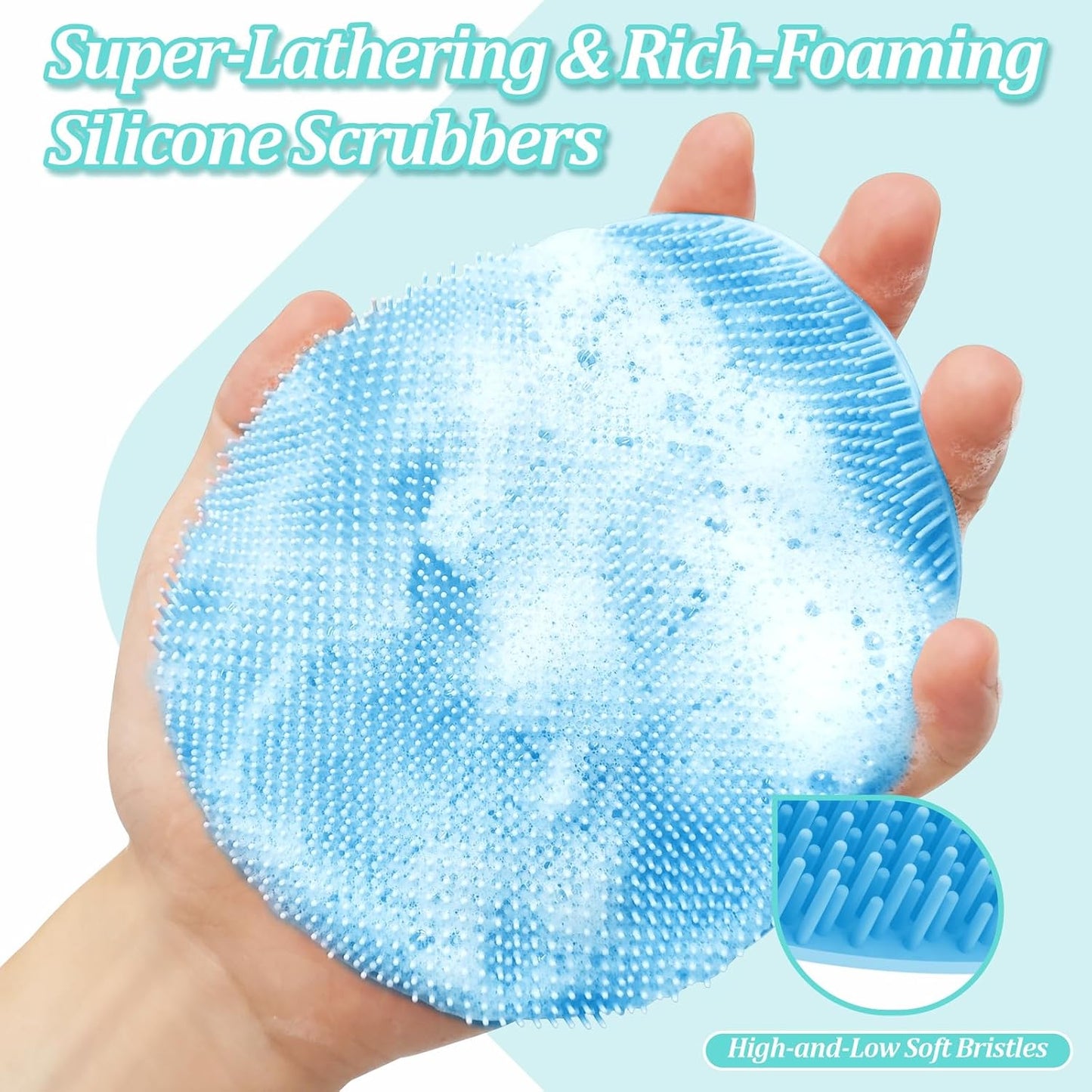 Silicone Back Scrubber & Bath Glove Set 2PCS, 13.4'' Gentle Shower Back Scrubber with Dual-Side Head Non-Slip Handle, 360° Anti-Slip Hand-fit Bath Glove for Rich Foaming Deep Cleaning(Black)