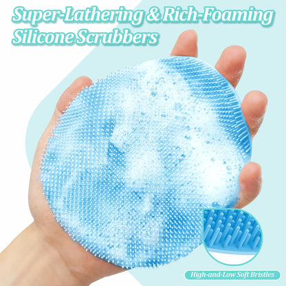 Silicone Back Scrubber & Bath Glove Set 2PCS, 13.4'' Gentle Shower Back Scrubber with Dual-Side Head Non-Slip Handle, 360° Anti-Slip Hand-fit Bath Glove for Rich Foaming Deep Cleaning(Black)