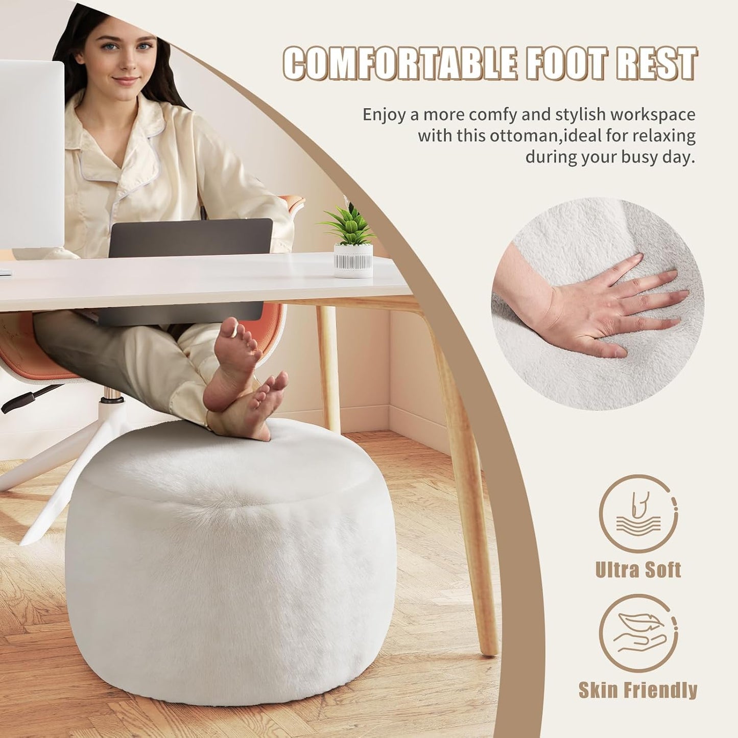 Round Stuffed Pouf Ottoman Foot Rest, Faux Fur Poufs with Memory Foam Filling, Ottomans for Living Room, Nursery, Dorm, Soft Foot Stool Ottoman for Couch, Perfect for Resting Your Feet (Grey, 20 Inch)