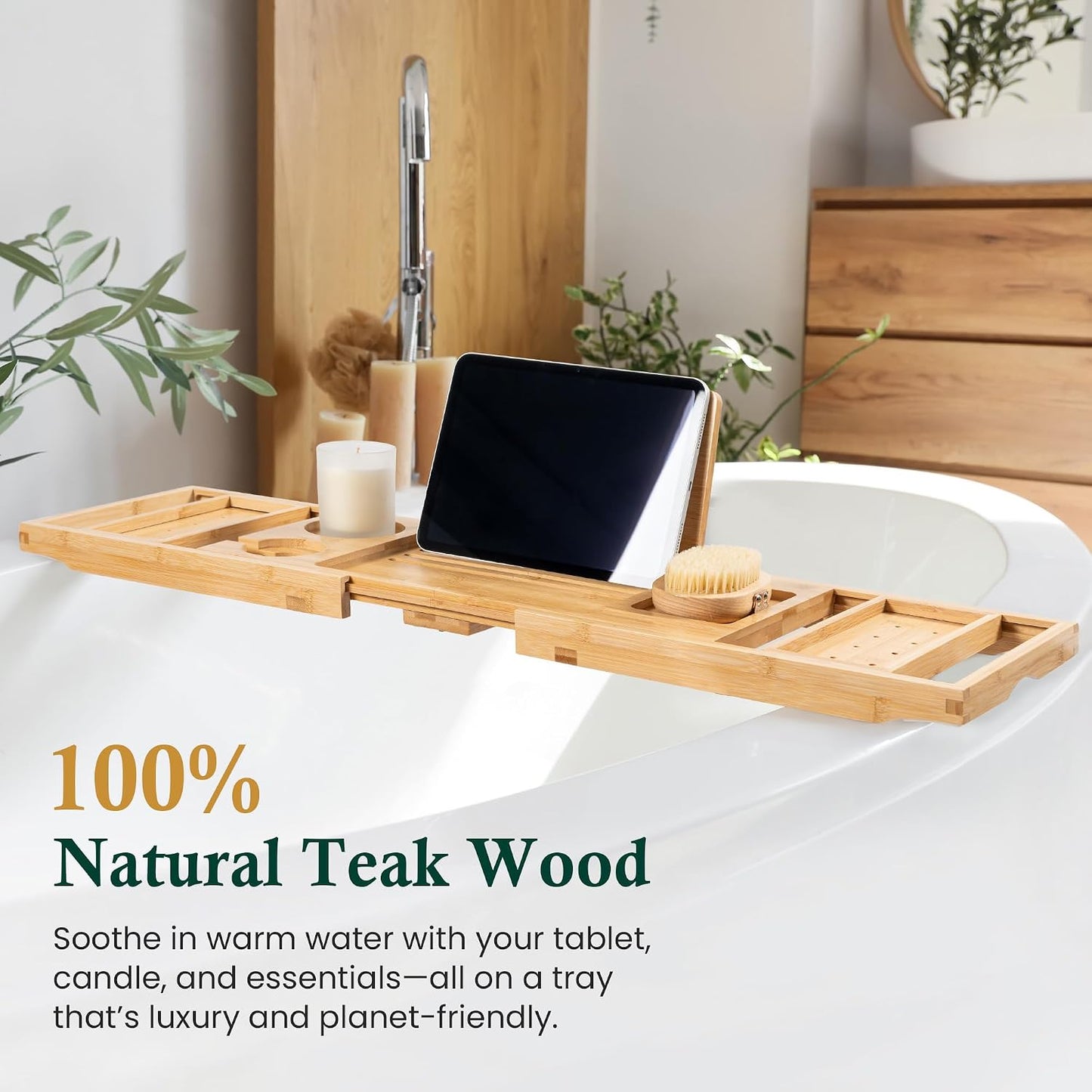 Bamboo Bathtub Tray, Bath Caddy with Wine Glass Holder, Phone Dock & Book Stand | Hands-Free Reading & Ultimate Spa Relaxation Experience-Brown