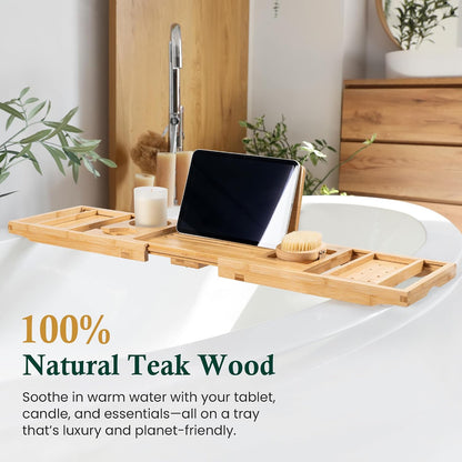 Bamboo Bathtub Tray, Bath Caddy with Wine Glass Holder, Phone Dock & Book Stand | Hands-Free Reading & Ultimate Spa Relaxation Experience-Brown