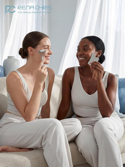 Rena Chris Gua Sha and Face Roller Set: Anti-Breakage Stainless Steel Roller for Long-Lasting Use, Jawline Sculpting and Puffiness Reducing, Gua Sha Facial Tools for Self Care Gift (Silver)