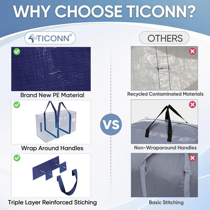 TICONN Extra Large Moving Bags Heavy Duty with Zippers & Carrying Handles, Durable Storage Bags Moving Boxes for Closet Organizers and Storage (Blue)