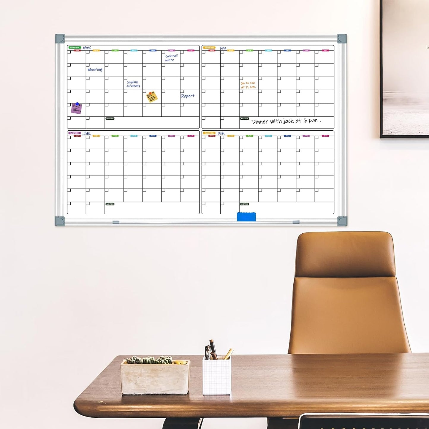 Calendar Whiteboard for Wall 36" x 24", 4 Month Magnetic Calendar Dry Erase Board, Planning Board Bulletin Board Portable Board for Office, School, Home Organization