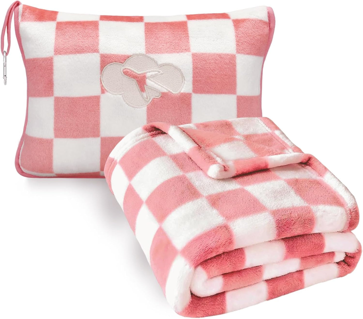 Travel Blanket and Pillow Compact, Premium Soft 2 in 1 Airplane Blanket with Soft Bag Pillowcase，Hand Luggage Sleeve and Backpack Clip (Checkered Black)