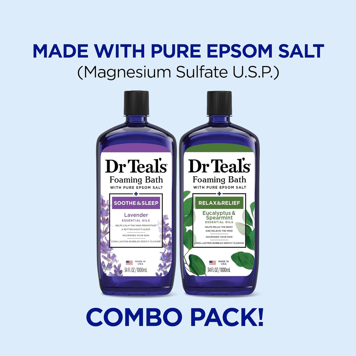 Dr Teal's Foaming Bath with Pure Epsom Salt, Soothe & Sleep with Lavender, 34 fl oz (Pack of 2)