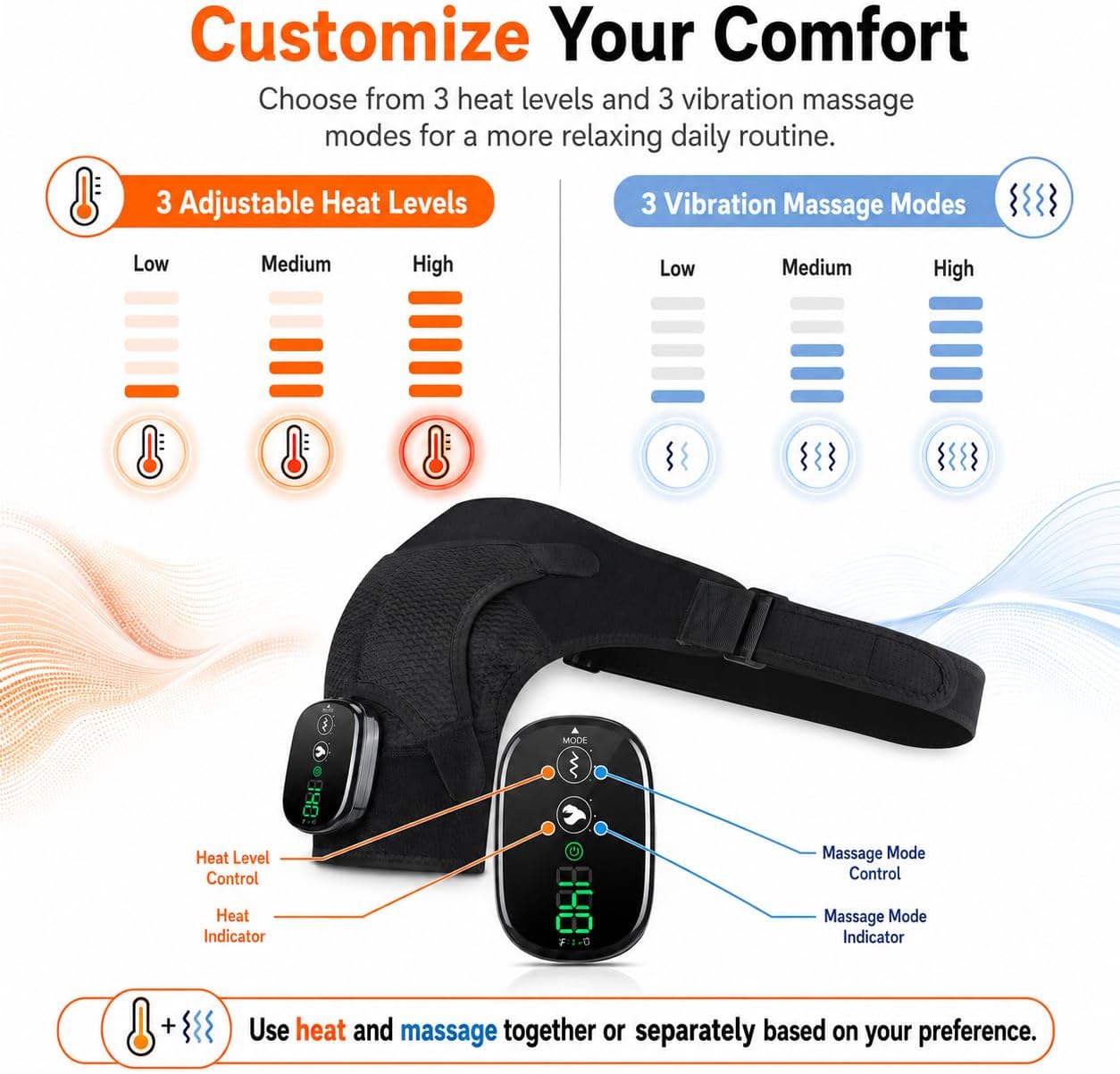 Cordless Shoulder Heating Pad with Massage, Rechargeable Shoulder Massager with Heat, Heated Shoulder Wrap, 3 Heat Levels & 3 Vibration Modes, 5000mAh Battery, Left or Right Shoulder, Black