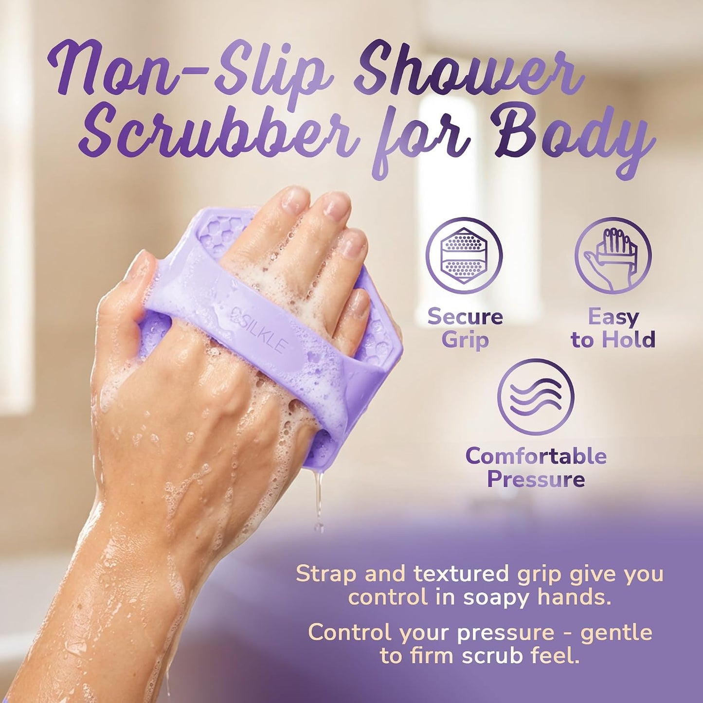 SILKLE Silicone Body Scrubber – Gentle Exfoliating Shower Scrubber for Body & Bath, Silicone Shower Brush & Loofah Alternative – Non-Slip Silicone Body Brush, Quick Dry, Hygienic - Pink