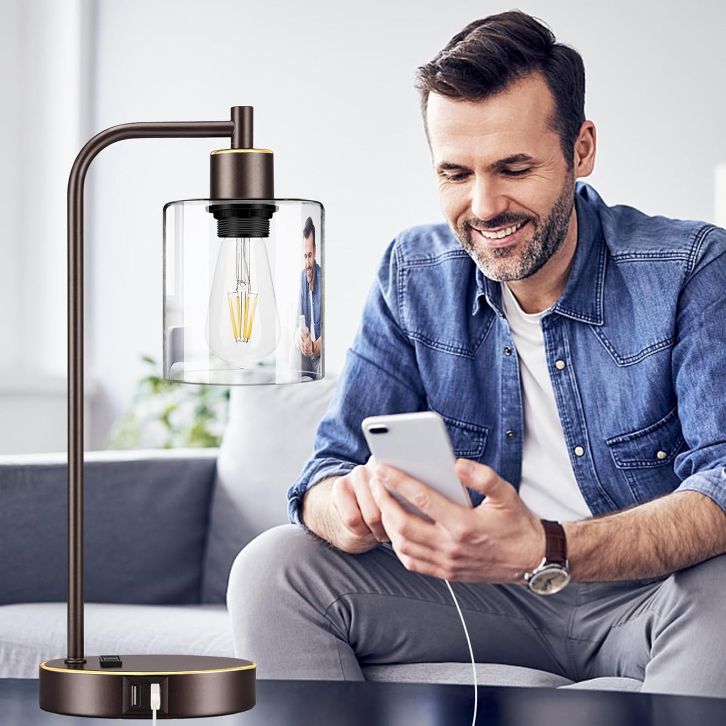 Set of 2 Industrial Touch Control Table Lamps with USB C+A Ports and AC Outlet - 3-Way Dimmable Black Bedside Lamps Nightstand Desk Lamps for Bedroom Living Room, Glass Shade & 2 LED Bulbs Included