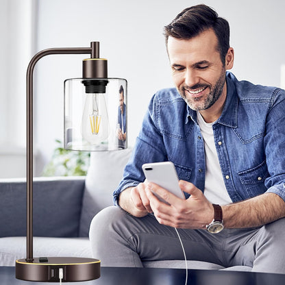 Set of 2 Industrial Touch Control Table Lamps with USB C+A Ports and AC Outlet - 3-Way Dimmable Black Bedside Lamps Nightstand Desk Lamps for Bedroom Living Room, Glass Shade & 2 LED Bulbs Included