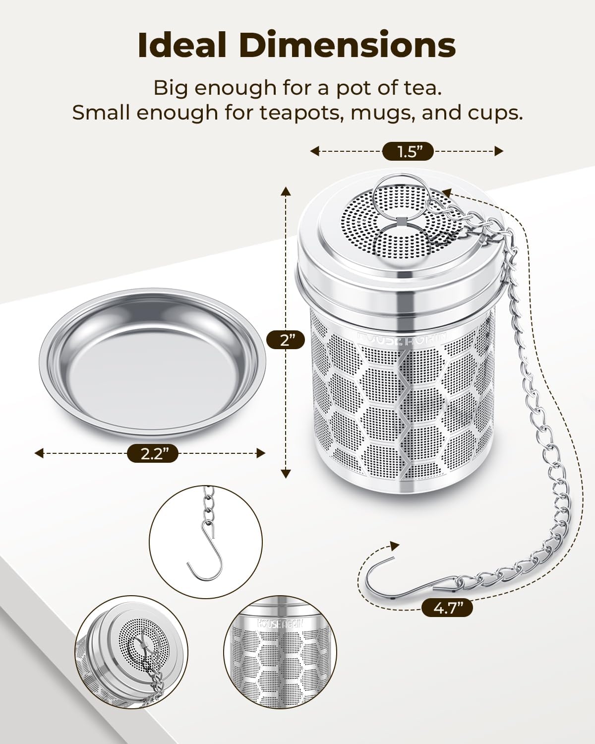 House Again 2 Pack Tea Infuser, Extra Fine Mesh Tea Infusers for Loose Tea, 18/8 Stainless Steel Tea Strainer with Extended Chain Hook, Tea Steeper for Brew Tea, Spices & Seasonings