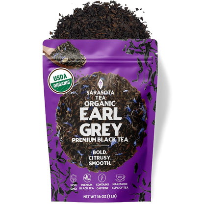 Organic Earl Grey Tea 1 lb (16 Oz) – USDA Certified Organic Black Tea with Natural Bergamot Flavor – Aromatic Loose Leaf Tea for Hot or Iced Tea – Non-GMO Bulk Resealable Bag