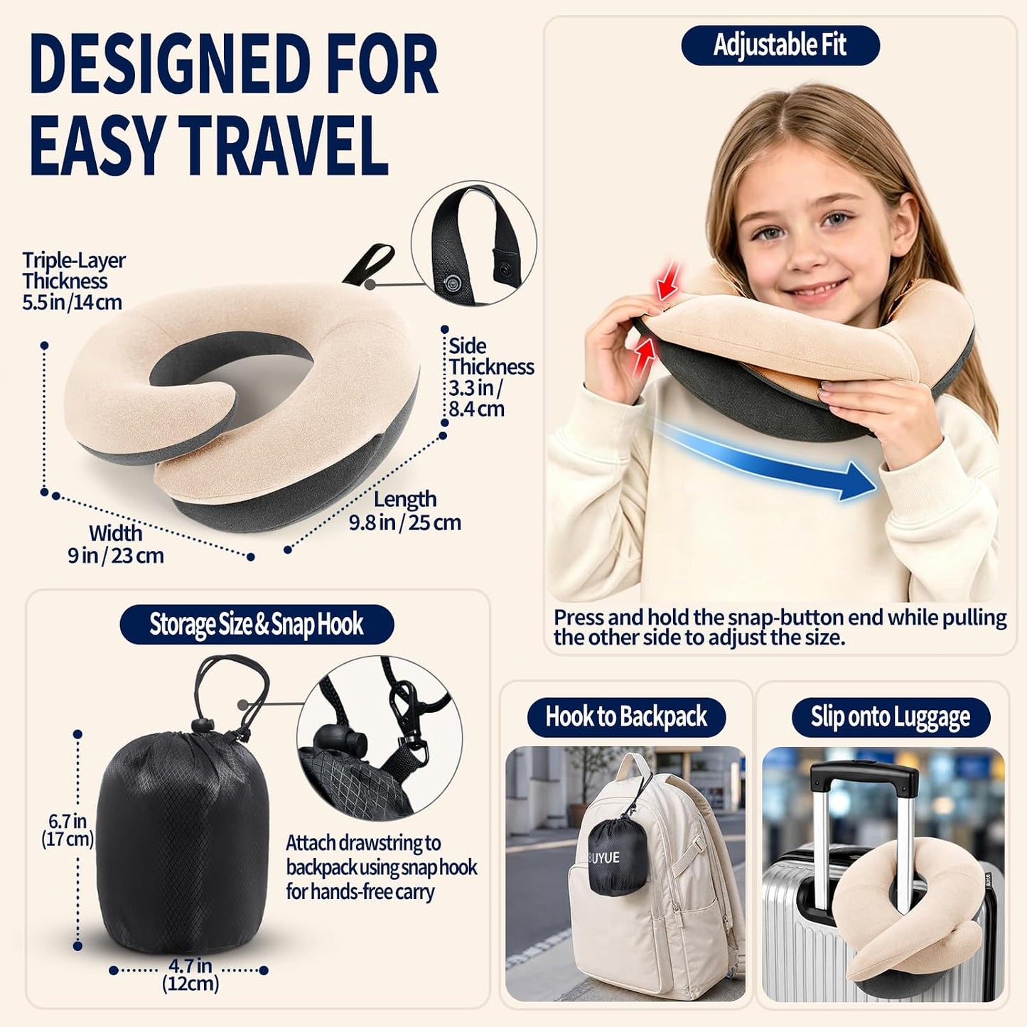 BUYUE Travel Neck Pillows for Airplanes, Memory Foam 360° Head Support Sleep for Long Flight, Skin-Friendly & Breathable, Kit with Eye Mask, Earplugs and Storage Bag (Adult, Grey, 90+ lbs)