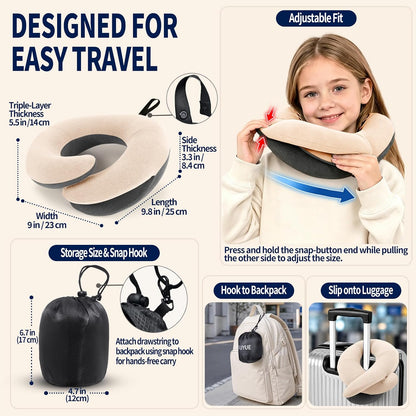 BUYUE Travel Neck Pillows for Airplanes, Memory Foam 360° Head Support Sleep for Long Flight, Skin-Friendly & Breathable, Kit with Eye Mask, Earplugs and Storage Bag (Adult, Grey, 90+ lbs)