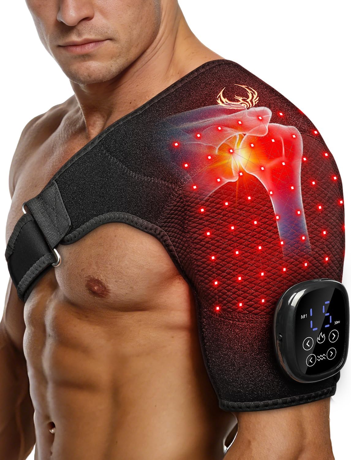 Seenew Red Light Therapy for Shoulder with Heat Massage, Portable Heated Shoulder Pad with Rechargeable Controller, Red Light Therapy Wrap with 216 Beads 660nm & 850nm for Men and Women