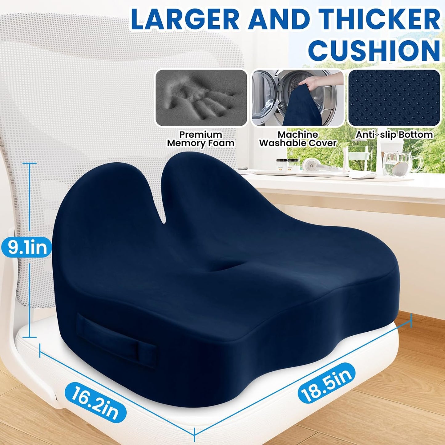 Seat Cushion, Chair Cushions for Office Chairs/Desk Seats/Wheelchair - Hip&Sciatica&Tailbone Pain Relief Memory Foam Office Chair Cushion for Long Sitting Office Workers, Black