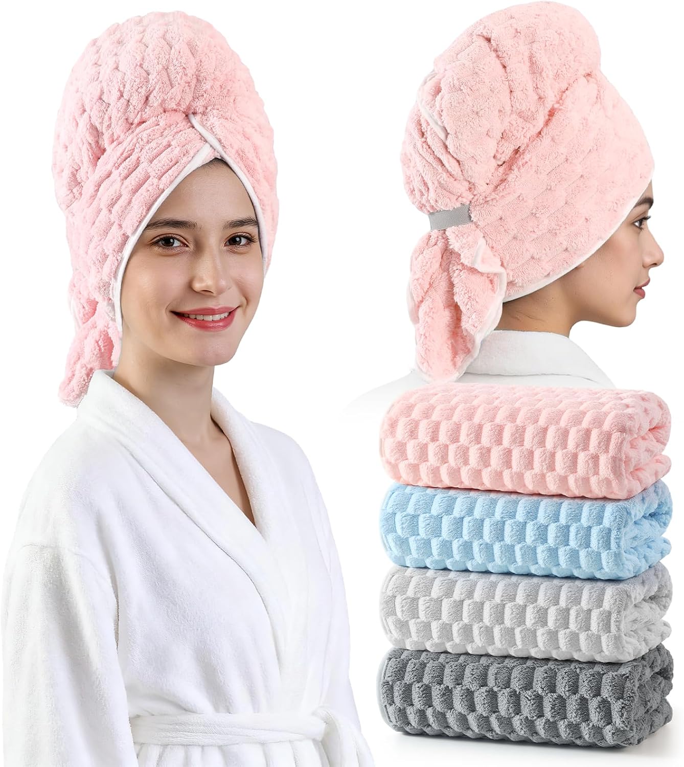 REDKISS 3 Pack Microfiber Hair Towels - Extra Large Hair Towel Wrap for Women, 24x42 inch Hair Towels with Elastic Strap, Super Soft Hair Drying Towels for Long, Thick, Curly Anti Frizz Turbans