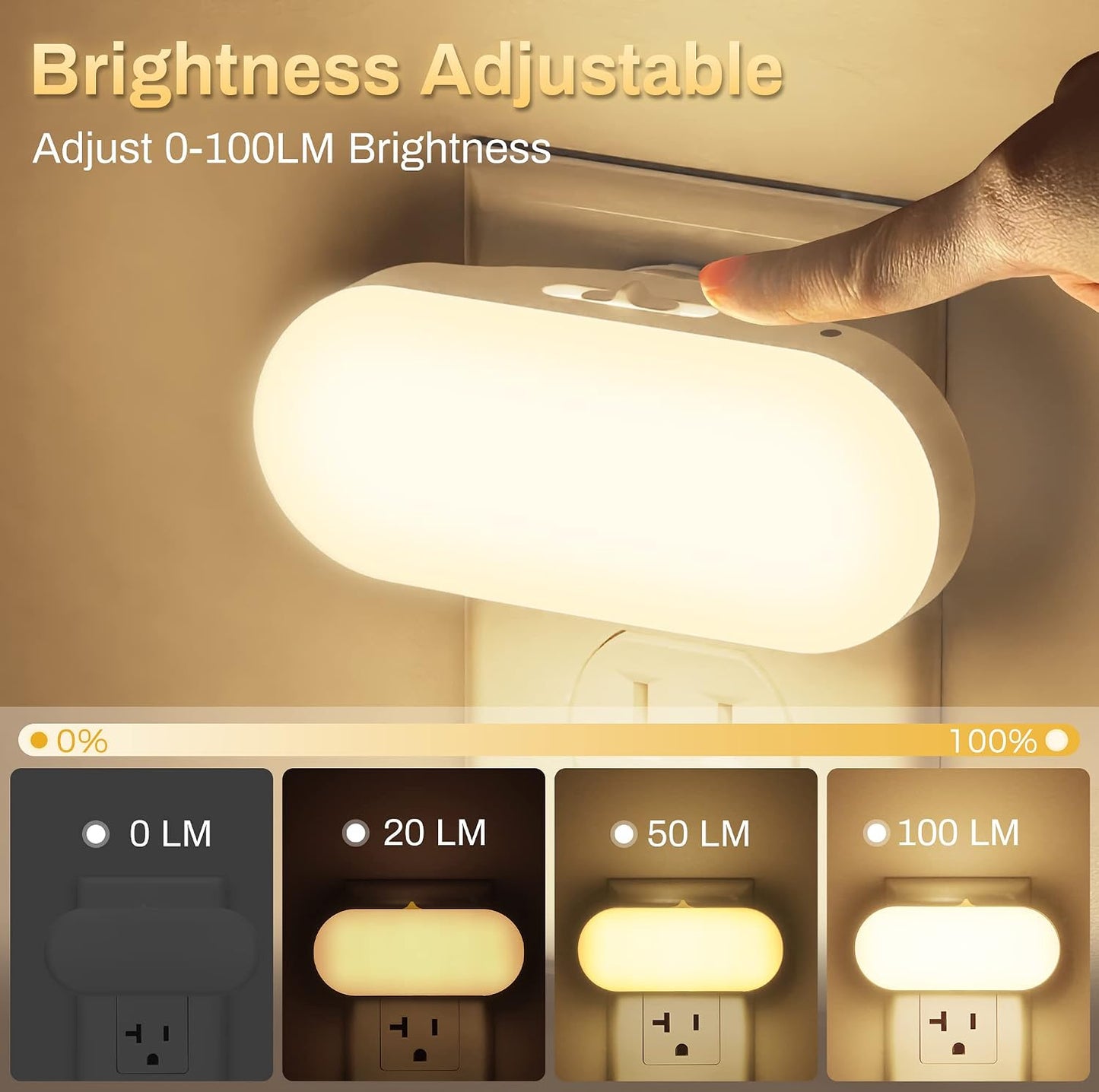 DORESshop Amber Night Light, Auto On/Off, 0-100 LM Adjustable Brightness, Dimmable Plug Into Wall Light Sensor Night Light for Kids Room, Bedroom, Stair Lights, Amber, 1W, 2 Pack