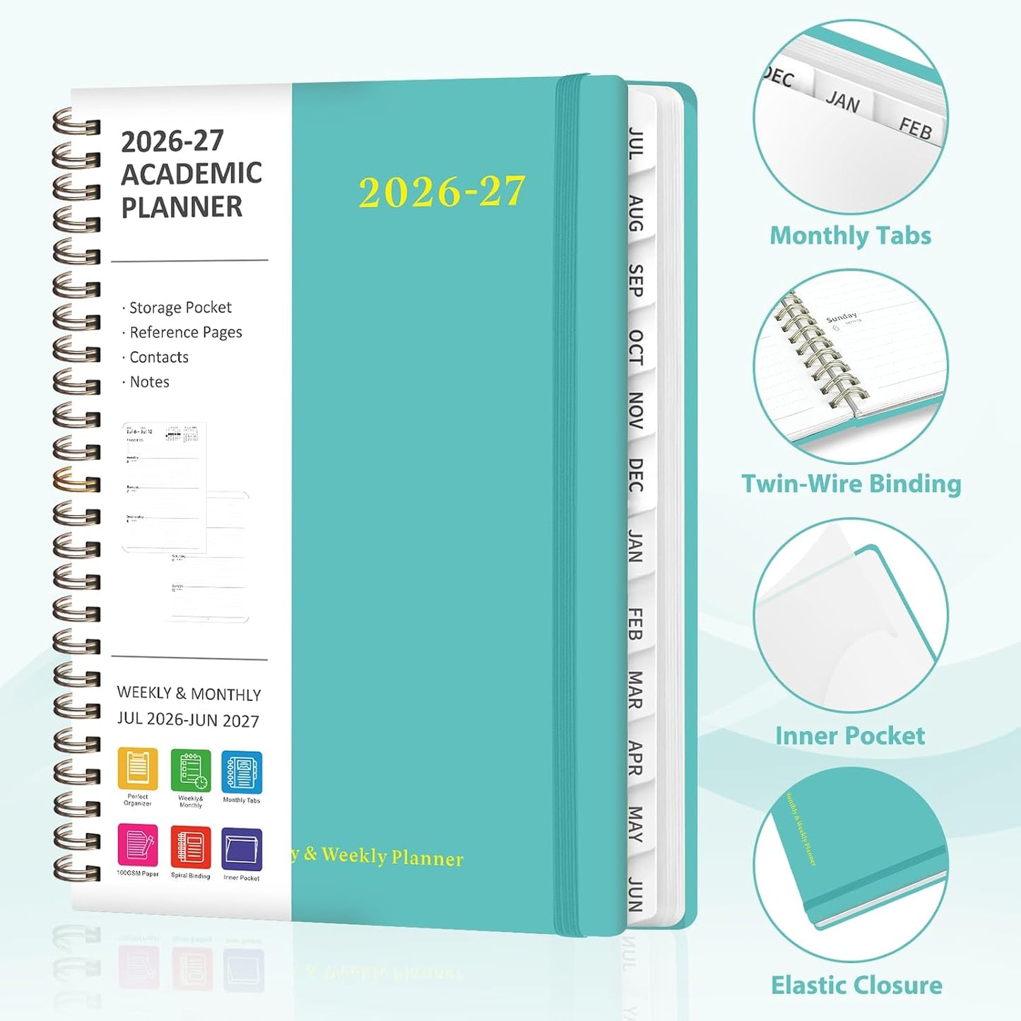 Planner 2026-2027, Weekly and Monthly Calendar Planner, JUL 2026 - JUN 2027 | Academic Year, Daily Agenda Book, A5(6.3'' x 8.5''), Sprial Bound, Inner Pocket, Office School Use