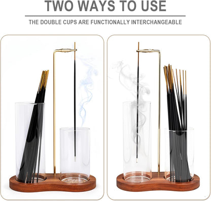 2 in 1 Incense Holder, Glass Incense Holder for Sticks, Anti-Ash Incense Burner with Removable Ash Catcher and Incense Storage for Yoga Meditation Spa Home Decor (Size A)